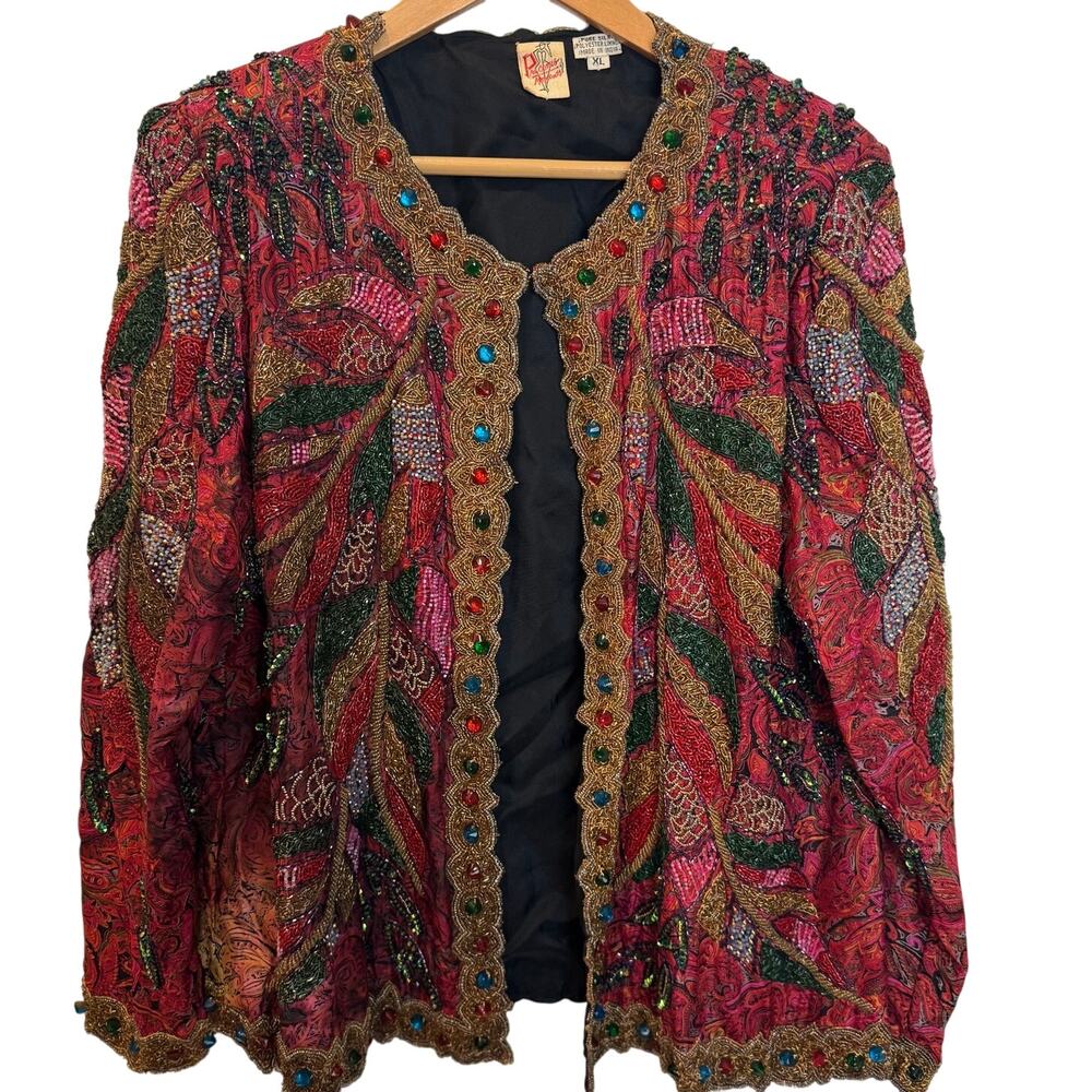 Vtg 90s Precious Moments Silk Beaded Jacket XL Y2K Ravecore Fairycore Boho